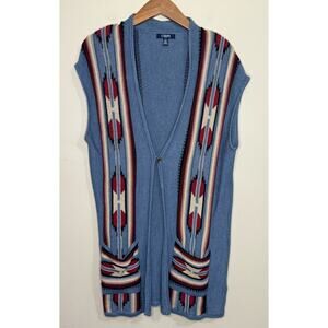 Chaps Sweater Vest Women's Size Large Blue Cardigan Aztec Southwest Knit Tunic